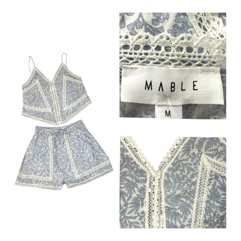 MABLE (Anthropology) Pajama Set Blue Floral Lace Cami Shorts‎ Sz M Org $160 NWT
